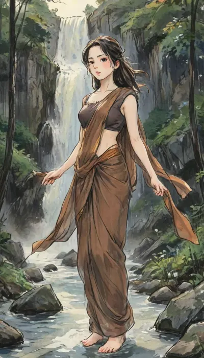 Noah Bradley Style, Beautiful Anime fire Forest Scenery, this is a scenic wooded swamp with a nice night time sky, fireflys, instead of rivers there was lawa flowing from a mountain. a beautiful illustration of indian women wearing BROWN saree standing in centre of the woods, (her saree drape is whipped in the strong heavy wind), (very lenghty saree drape), (Her hair is also whipped in the strong heavy wind), Fantasy Landscape, Volumetric lighting, wallpaper, water, Raking light, Chiaroscuro, Cascading waterfall, rocks, Dreamy, Moody, Studio Ghibli, Ori and the blind forest Emotional, <lora:gufeng_ink_wash_xl_v2:.6>, <lora:Eldritch_SketchDraw:.6>