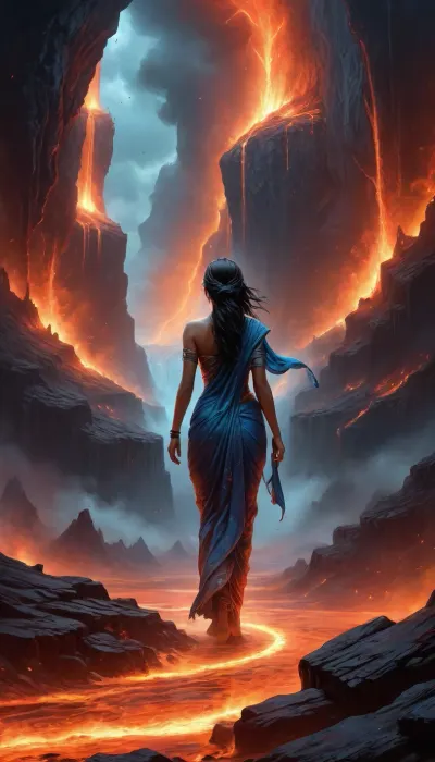 (Noah Bradley style), (epic long-shot fantasy landscape), (cinematic, moody, dreamy, emotional), A vast lava forest at night, glowing with fire-scorched trees, burning embers, and cascading lava waterfalls from a towering volcanic mountain. The entire background is a dramatic inferno of molten rivers, jagged obsidian cliffs, and fiery skies filled with drifting ash and glowing ember-fireflies.

At the center, far away, (a graceful Indian woman), (facing away from the viewer), wearing a, (glowing blue saree), with an, (extremely long flowing drape whipped by violent winds), . Her dark hair streams in the fiery storm, glowing faintly in the raking light., (Volumetric lighting), (chiaroscuro), (dramatic silhouette), (highlighted lava background), (fantasy wallpaper), (otherworldly, emotional), <lora:HELL_SDXL-000014:.8>, <lora:Noah Bradley Style:.8>