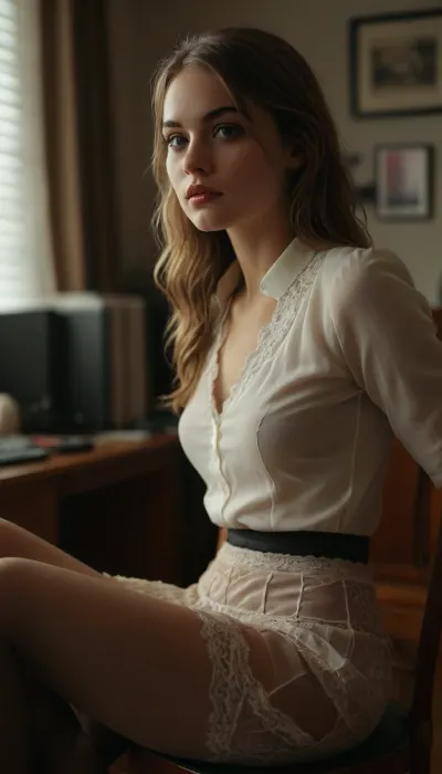 22 year old secretary, sitting on chair, in office, skirt, pantyhose, looking up her skirt, view from beside, view under her skirt, make-up, focus on her lace panties, close-up on her panties, cute panties, raw, <lora:Realism_Lora_By_Stable_yogi_SDXL8.1:.8>, <lora:MJ52:.8>, <lora:580159_training_data:1.1>, Stable-Yogis-Makeup-Enhancer-XL