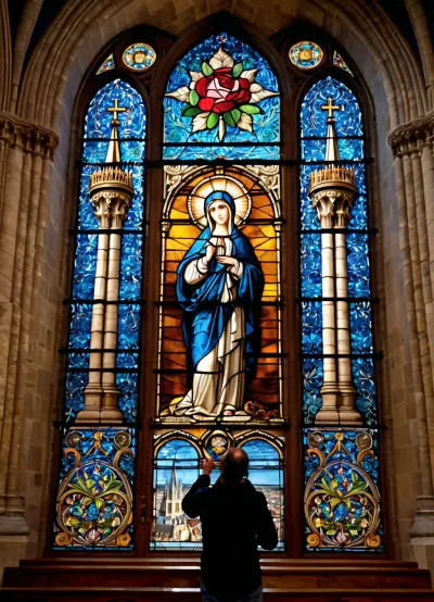 Masterpiece, detailed, high resolution, 8K, extremely detailed, (photorealistic:1.2), the interior of the Cathedral of Our Lady of Paris, ((a master stained glass artist, standing on tall wooden scaffolding, above the cathedral's front door, concentrates on assembling, from small colored panes of glass, the stained glass window of the Southern Rose, in the Gothic cathedral of Our Lady of Paris, inserting pieces of glass into the lead frame, assembling a masterpiece mosaic image)), close-up, natural light, colored reflections from the stained glass on the walls, Close-up, wide-angle shot. Detailed, atmospheric, vivid colors, photorealistic.
