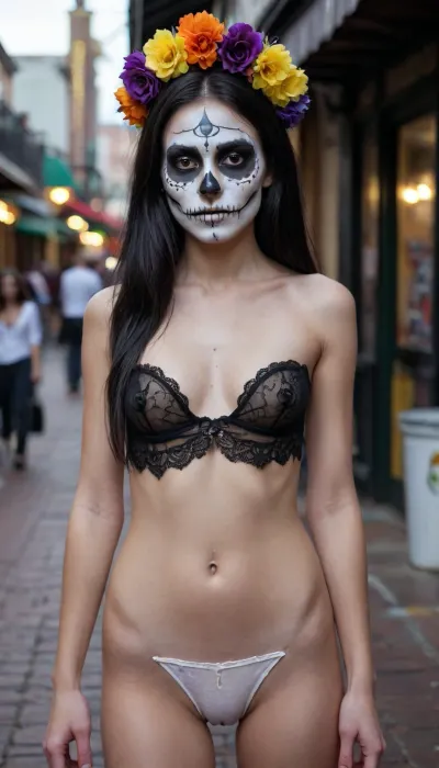 18 yeyold girl, long black hair, small breast, hard nipples, full body, tall, skinny body, white painted face skull face, day of the dead, painted face, Mardi gras, bourbon street, wearing a costume, <lora:ahxl_v1:.8>