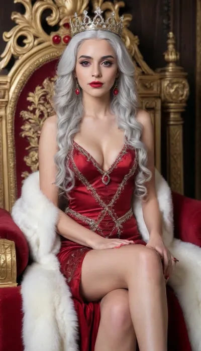 A 35 years old women, (sitting on a throne with crossed legs:1.3), arms on armrest, serious look, (big crown + silver), white long curly hair, small forehead, (perfect eyes + ruby), red lips, (Renaissance dress + ruby), (stocking + white), (earring + ruby), (necklace + ruby), perfect hand, ring, RAW image, Canon EOS R3, DSLR photo, 8k, best quality, (masterpiece:1.1), (realistic, photo-realistic:1.2), ultra high res, full-body shot, (shallow depth of field), eye-level, front view, soft light