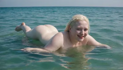 Ukrainian absolutely albino just 36-year-old 3-feet-height extremely chubby woman, completely nude, hairy pussy, barefoot, happily smiling, swimming serenely on her back full-length in a clear blue sea