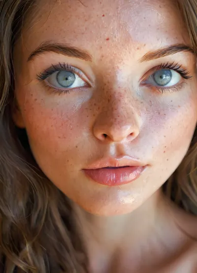 (masterpiece, best quality, photorealistic, ultra-detailed, highres, soft lighting), 1girl, flawless breathtaking petite 28 year old irish nude influencer, narrow waist, glistening skin, blue and grey colored mesmerizing eyes, perfect face, smooth silky long hair, tanned skin, no tan lines, realistic detailed eyes, realistic detailed face, realistic detailed tan skin, freckles, professional color correction, close-up portrait, no tattoos, wearing sheer lip gloss, soft backlight, close up on face, <lora:add-detail-xl:.5>, <lora:xl_more_art-full_v1:.6>, <lora:SDXL_BetterFaces-LoRA_v1:.8>, <lora:MJ52:.8>