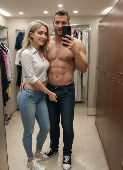 Beautiful petite Platinum blonde Amateur girlfriend with Long straightened hair, 25 years old, (getting fucked by a big muscular guy:1.3), (she is standing sideways in Front of mirror in small changing room of Public mall), (Selfie with silver Smartphone), unbuttoned white Blouse and tight Jeans with sneakers, pants pulled down, (Amateur quicky sex), Secret sex, Public sex, Amateur, Selfie, full Body shot, Side view, perfect hands, five Fingers, teeth, ultra detailled face, detailled hands, 1girl, <lora:TeethXL:2>, <lora:add-detail-xl:2>, <lora:legupsex_XL_9_-000009:.8>