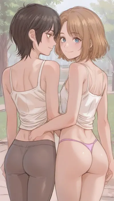 ((Graceful, pretty, 2 young girls, small breast, cute face, sexy, (low leggings), tanktop, park, thong, nice fit perfect ass, rear view, smiling, perfect lighting, <lora:ratatatat74-000050:1.4>, <lora:outline_xl_kohaku_delta_spv5x:2>, <lora:cartoon_stickers_xl_v1:.9>, <lora:NEOTOKIOXL_0.2_RC:.7>))