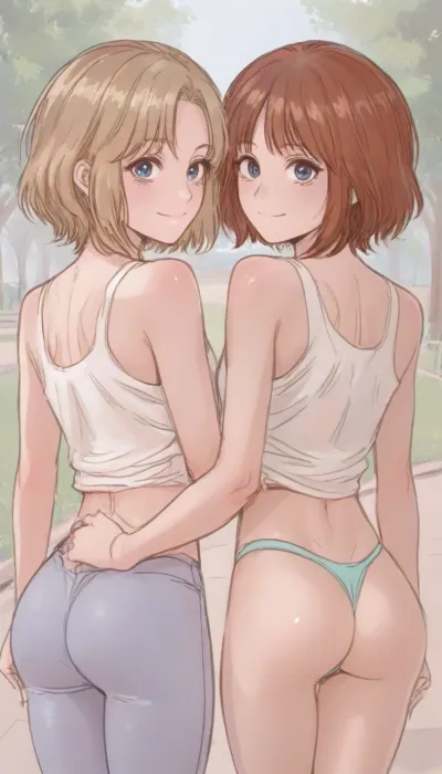 ((Graceful, pretty, 2 young girls, small breast, cute face, sexy, (low leggings), tanktop, park, thong, nice fit perfect ass, rear view, smiling, perfect lighting, <lora:ratatatat74-000050:1.4>, <lora:outline_xl_kohaku_delta_spv5x:2>, <lora:cartoon_stickers_xl_v1:.9>, <lora:NEOTOKIOXL_0.2_RC:.7>))