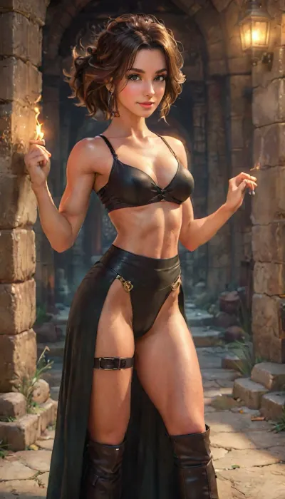 Photorealistic extremely lifelike image of a breathtaking high-fantasy female rogue-warrior standing in a torch-lit stone dungeon chamber. She is a beautiful Palestinian supermodel woman with light olive skin and a hourglass toned thin athletic physique. She has a heart-shaped face with soft feminine features, large almond-shaped bright-hazel eyes, a narrow rounded nose, and full lips curved in a confident smirk. Her long, straight dark brown hair flows past her shoulders, slightly tousled from battle.She wears a revealing, sexy rogue outfit made of black leather and crimson fabric—an enchanted Solid Cami Crop Top & Split Thigh Long Skirt Set-style top with cutouts that expose defined abs, and high-slit armored thigh straps that leave most of her strong thick thighs bare. A pair of fingerless gloves and knee-high leather boots complete the look. Her toned arms and sculpted legs show off her physical strength and agility. She has a curved dagger at her side and a glowing arcane "SUN" sigil tattooed on her hip.Her expression is confident and sultry, standing with one hand on her hip, the other resting on her weapon. The background is a fantasy dungeon with stone walls, glowing runes, and faint magical mist. The lighting is warm and dramatic, casting shadows that accentuate her curves and muscle tone, high detail, cinematic lighting, fantasy realism, intricate costume design, 8K, full-body character portrait, RPG character art, sexy fantasy aesthetic, perfect anatomy, best quality, 8k, insane details, intricate details, hyperdetailed, hyper quality, ultra detailed, professional, HDR, ray tracing reflection, highlydetailedbody, realisticface, highlydetailedhair, insanelydetailed, 8K.highdetailedskin, highresolution, perfectfingers, (j_cartoon:1.5), Drawing, supermodel, face, big, lips, Indian, middle-eastern, Afro-Carribbean, uberfit, muscular, athletic, <lora:Beautify-Supermodel-SDXL:2>, <lora:uberfit_lora_sdxl:.4>, <lora:style_lora_realis:.5>, <lora:M05_Intensify:.5>, <lora:attractive_notrigger:.2>
