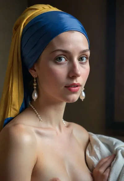 Painting of a naked woman with a pearl earring, very well defined insanely detailed ultra high quality, painted by Johannes Vermeer