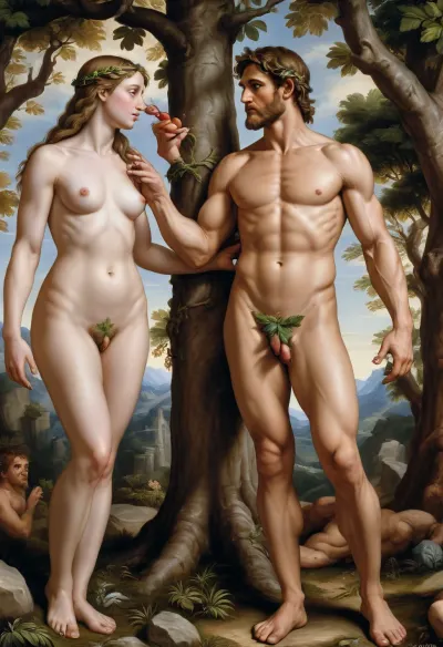 Painting of Adam and Eve in paradise, very well defined insanely detailed ultra high quality, painted by Michelangelo Buonarroti