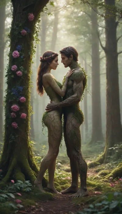 5000000010.54, A loving couple, a man and woman, humanoids woven from vines with flowers, embrace each other in the woods. Intertwining branches roots and flowers. This is a digital art style, fantasy work with detailed backgrounds, full-length portrait, fantasy realism, cinematic lighting, intricate details, high resolution and a trendy color palette. The style is hyper-realistic and cinematic.