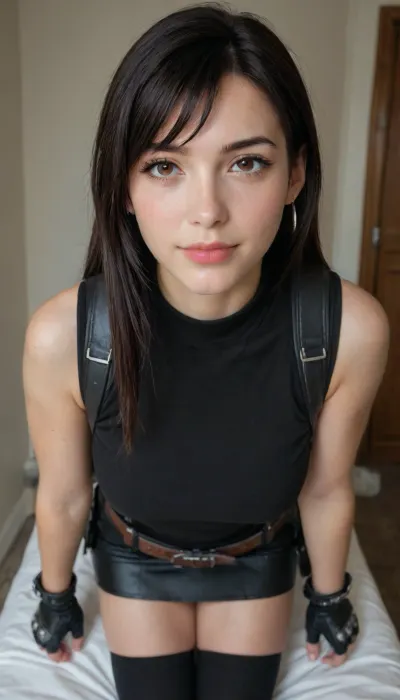 Beautiful Tifa Lock hart cosplay costume, white sleeveless top, a black leather-like skirt with suspenders, fingerless gloves, thigh-high socks, and armor-like pieces for the arms and legs, a green Materia bangle and a belt, POV, turning her head towards the viewer, looking at the viewer, huge natural bust, indoor background, lustful smile.