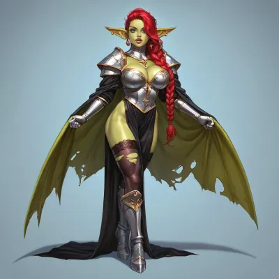(female darkgreen goblin slim small body), solo, a very very very long thick braid, red hair, full lips, thick lips, huge chest circumference, muscular, wearing cleric robes and cleric armor and and cleric cloak cleric stockings, gigantic_Torn_wings, masterpiece, best quality high resolution realistic photograph, full body