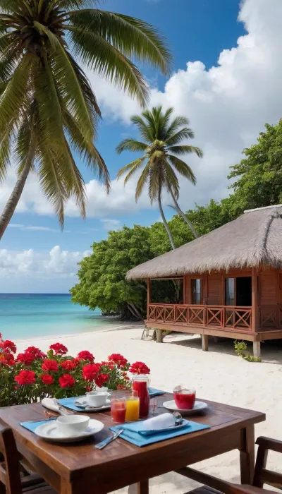 5000000010.70, A wooden bungalow, a breakfast table by the sea, surrounded by red flowers and green palm trees. The blue sky with white clouds in the background creates an exotic tropical island landscape with a view of the Caribbean Sea and a white-sand beach. This is a beautiful high-resolution nature photo suitable for wallpaper.