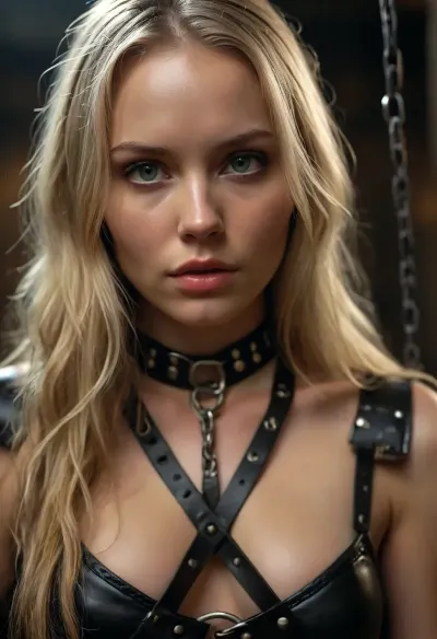 Slender woman, big firm tits, long blonde hair, submissive, tied, bound, leather restraints, chains, dark dungeon, Close view, (highly detailed, masterpiece, best quality), <lora:MJ52:.8>