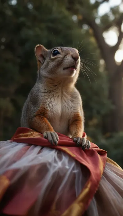 a squirel looking directly up her skirt