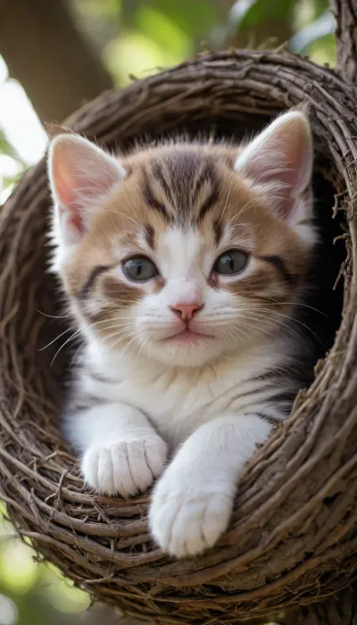 5000000010.108, a kitten sleeping in a nest on a tree, trending on pixabay, smiling coy, wallpaper, shiny silver, cottagecore!!, round cute face, 1080p, small, wallpaper mobile, with closed eyes