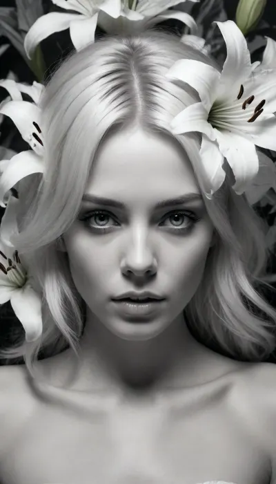 5000000010.120, drawing on a sheet of paper, woman with a flower in her hair, by Allan Linder, digital art, white lilies, scattered pencils and a mug of coffee, monochromatic airbrush painting, steven meisel photography, wallpaper, 1 0 2 4, girl with white eyes, pure b & w, jean-sebastien rossbach, with flowers, 2 D, white fringy hair, icon black and white, lilies