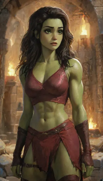 Photorealistic extremely lifelike image of a breathtaking high-fantasy female rogue-warrior standing in a torch-lit stone dungeon chamber. She is a beautiful Palestinian supermodel woman with light olive skin and a hourglass toned thin athletic physique. She has a heart-shaped face with soft feminine features, large almond-shaped bright-hazel eyes, a narrow rounded nose, and full lips curved in a confident smirk. Her long, straight curly dark brown hair with blonde-highlights flows past her shoulders, slightly tousled from battle.She wears a revealing, sexy rogue intricate outfit made of black leather and crimson fabric—an enchanted Solid Cami Crop Top & Split Thigh Long Skirt Set-style top with cutouts that expose defined abs, and high-slit armored thigh straps that leave most of her strong thick thighs bare. A pair of fingerless gloves and knee-high leather boots complete the look. Her toned arms and sculpted legs show off her physical strength and agility. She has a curved dagger at her side and a glowing arcane "SUN" sigil tattooed on her hip.Her expression is confident and sultry, standing with one hand on her hip, the other resting on her weapon. The background is a fantasy dungeon with stone walls, glowing runes, and faint magical mist. The lighting is warm and dramatic, casting shadows that accentuate her curves and muscle tone, high detail, cinematic lighting, fantasy realism, intricate costume design, 8K, full-body character portrait, RPG character art, sexy fantasy aesthetic, perfect anatomy, best quality, 8k, insane details, intricate details, hyperdetailed, hyper quality, ultra detailed, professional, HDR, ray tracing reflection, highlydetailedbody, realisticface, highlydetailedhair, insanelydetailed, 8K.highdetailedskin, highresolution, perfectfingers, (j_cartoon:1.5), Drawing, green skin, fit, strong, muscular, big, ohwx, woman, She-Hulk, she-hulk, jennifer, walters, <lora:SHEHULK_SDXL-000005:.8>, <lora:uberfit_lora_sdxl:.4>, <lora:samdoesarts1.1-000030:.4>, <lora:J_cartoon:.3>, <lora:Animated_Concept:.4>
