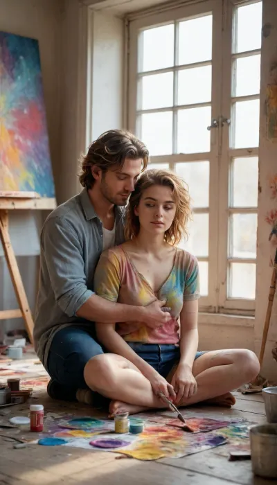 5000000010.159, A handsome man embraces a woman with messy hair, both covered in paint, sitting on the floor of an art studio, holding brushes and painting their future dreams. Romance. They are dressed in loose-fitting clothes covered in oil paints, surrounded by various color palettes and brushes. The sunlight streaming through the window creates a warm and romantic atmosphere. The painting is in high resolution, with realistic details, delicate brushstrokes, soft lighting effects, and warm tones.
