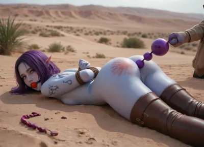 female drow elf, big boobs, big butt, purplish blue skin, black and purple hair, tattooes, purple eyes, thigh high skin boots, topless, legs wide spread, arms behind back, rope tied, prone, anal beads, ball gag, spanking marks, desert