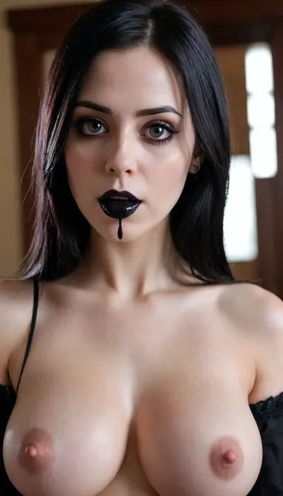 8k, highest detail, photo realistic, breastmilk oozing out, milk spew out from nipples, lactating squirt out from nipples, a goth girls face, septum piercing, upper lip piercing, long jet black hair, black lipstick, nose piercing, tongue piercing, black eyeliner, pale face, big anime eyes, big saggy hanging breasts, mischievous look on her face