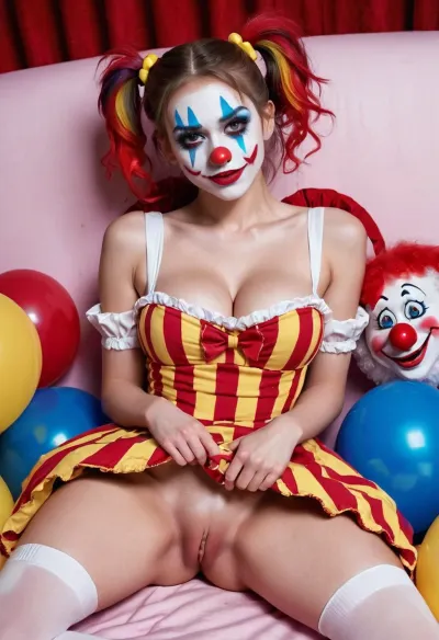 young beautiful girl 18 years old clown girl with big breasts, wearing a pulled-up dress without any underwear, laying on her back with spread legs, no panties, long striped socks, clown makeup, skinny, white face paint, detailed vagina, looking at the viewer, back long high twin multi-colored ponytails, excited, aroused, tack sharp, 4k, dslr
