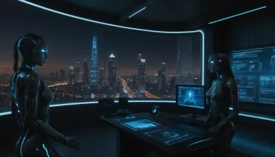 A futuristic artificial intelligence control center, glowing with blue and neon lights, filled with floating holographic interfaces, intelligent robots interacting with data streams, and a humanoid AI figure with translucent skin showing circuits and neural networks. Background features a high-tech city skyline with flying cars and digital billboards displaying AI-generated content. The atmosphere is sleek, clean, and high-tech, with a sense of innovation and limitless possibility. Ultra-realistic style, 8K resolution, cinematic lighting, science fiction art style."