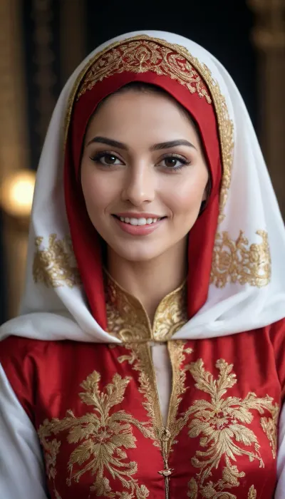a woman dressed in a traditional Islamic outfit, adorned with a red hijab and a white abaya. The woman's dress is adorned with gold embroidery, adding a touch of luxury to her outfit. The backdrop is a stark black wall, creating a stark contrast to the woman's outfit. Face Detail, Enhanced Beauty, happy, Realistic Model, smiling Face, Hot Body, Sexy Body, Man, Attractive, Handsome Boy, Enhanced all details, Extremely Beautiful, Gorgeous, Pretty Face, Attractive Figure, Mystical Beauty, Sexy Girl, Hot, Hot body, Attractive Body