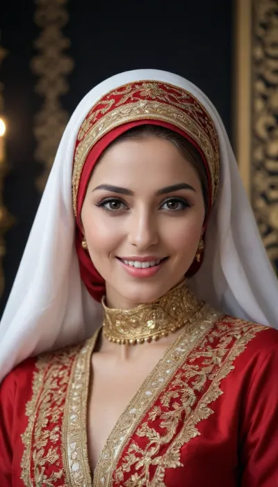 a woman dressed in a traditional Islamic outfit, adorned with a red hijab and a white abaya. The woman's dress is adorned with gold embroidery, adding a touch of luxury to her outfit. The backdrop is a stark black wall, creating a stark contrast to the woman's outfit. Face Detail, Enhanced Beauty, happy, Realistic Model, smiling Face, Hot Body, Sexy Body, Man, Attractive, Handsome Boy, Enhanced all details, Extremely Beautiful, Gorgeous, Pretty Face, Attractive Figure, Mystical Beauty, Sexy Girl, Hot, Hot body, Attractive Body