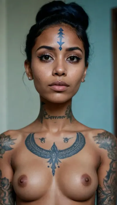 Indian, Black girl, nude, (face tattoo blue), (chest tattoo)