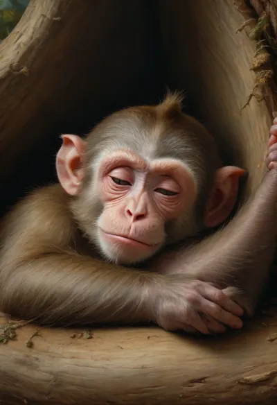 Painting of a sleeping monkey, very well defined, insanely detailed, ultra high quality, painted by Hieronymus Bosch