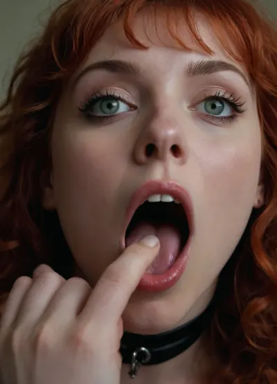 close up, pov looking up, two women, double blowjob, 20 year old goth female straddling female face, green eyes, long red curly hair with bangs, pale lips, huge tits, hairy pussy, pulling hair, hand on throat, tongue in pussy, sucking cock, licking balls, lots of cum on mouth, lots of cum on face