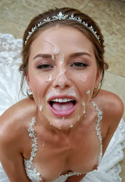 3/4 body shot of happy woman wearing wedding dress with cum on her forehead, facial, <lora:Facials:.5>, open mouth, (cum in mouth:1.3), <lora:JustCum:.5>