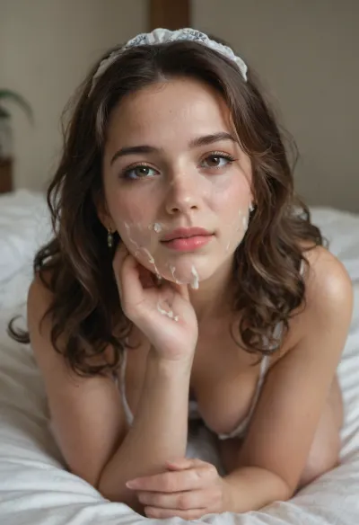 woman, Image of, beautiful, seductive, on bed, covered in cum, (cum on face:1.33), masterpiece, best quality, perfect lighting, full body, corvine, long black wavy hair, brown eyes, (french maid:1.23), cum, facial, dripping