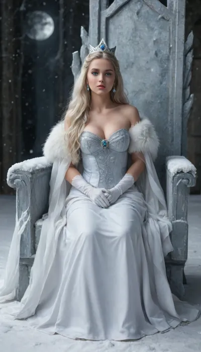 A masterpiece, the highest level of detail, super-realistic. The image shows the Snow Queen, (a majestic and cold heroine from the fairy tale by Hans Christian Andersen. Her image embodies icy beauty and power. Long:1.4), (gray:1.5), white hair, (snow-white:1.4), skin, . The queen's face is strict, very beautiful with delicate features, (and large:1.5), bright blue eyes emit a cold shine, (as if reflecting the light of the moon. Her headdress resembles a high crown made of transparent diamond:1.4), with sharp edges that emphasize her regal status. The white cloak draped over her shoulders symbolizes purity and cold, and on her chest there is an ice crystal decoration, enhancing her magical aura. A snow-white dress with a deep neckline richly decorated with silver diamonds, to the floor. The background of the image is dark, which emphasizes its icy glow and creates an atmosphere of mystery. This image perfectly conveys the character of the Snow Queen, a powerful but lonely ruler of the ice kingdom., Boosette_Mario, 1girl, long, dress, ballroom, gloves, Long, hair, She sits on an ice throne in an ice palace, where all the objects are made of ice and covered with sparkling frost., white, petals, throne, <lora:JAY-WHITE PETALS THRONE:2>