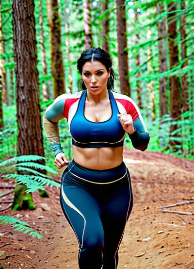 Woman wearing black leggings, woman with black hair, brown eyes, large tits, large ass, woman wearing blue sports bra, (background, in the woods), (action- taking a jog), . Body is voluptuous