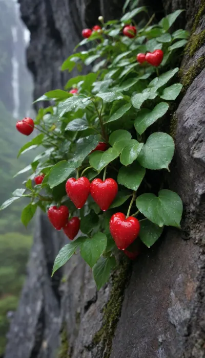 5000000010.184, a pair of red heart-shaped flowers sitting on top of a cliff, by Ikuo Hirayama, red and green leaves, wet, photo on pinterest, flowers growing from the cliff as kindness rains down, very, very beautiful, encrusted with precious stones, drops on the walls, avatar, absolutely outstanding image, potted leaf