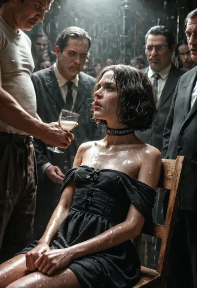 Multiple screens, Petite body pealed skin, small waist, rough, choker, short hair, super realistic, bondage, chair, casual textured robe, maximum details, natural lighting, tied hands, sweaty, freaky, rough man, ultra horror, brutal, maximum horror. Honorable, glass walls, maiting press