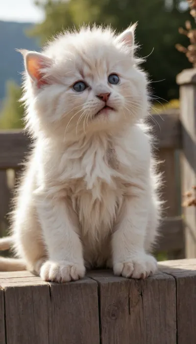 5000000010.221, A small fluffy kitten, sitting on a wooden fence, stretches its paw to the nose of a huge shaggy white buffalo. Huge horns, wool texture, dried flowers, old wooden fence, sunlight and high detail.