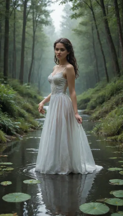 A serene water fairy rising from a calm forest lake. Her skin has a light bluish sheen, and her long dark hair drips with water, adorned with pearls and water lilies. Her wings are thin and fluid, like jellyfish fins or shimmering water membranes. Her dress is made of flowing water and seaweed. She radiates calm, mystery, and depth. Reflections in the water, soft fog, fantasy lake setting, magical realism.