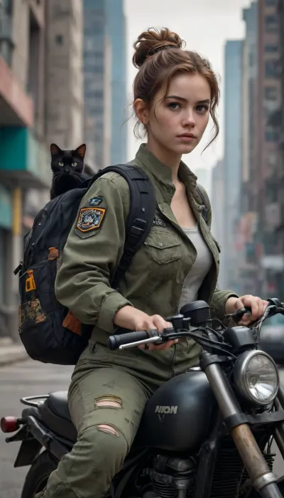 5000000010.211, A young girl with thick hair in a messy bun, a freckled face, dressed in a military-style outfit and adorned with various technological devices. She is riding a motorcycle with a with a backpack on his back from which a black cat's head peeks out, and both of them are depicted against the backdrop of an apocalyptic cityscape. Their expressions convey a sense of determination tinged with sadness as they pose for the camera Nikon D850, professional high definition lens