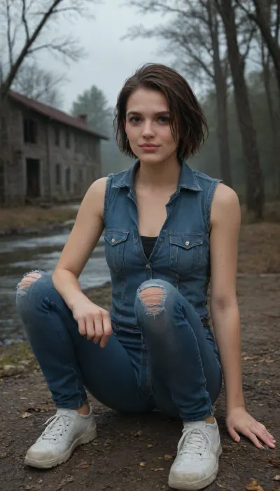 Jill Valentine Resident Evil / Dressed in a blue torn sleeveless vest, black torn jeans, black thong, white sneakers, / Hair, black / Pose, sitting on her toes with her hand on her hip, / Emotions, smiling, gray eyes filled with love, / Location, dark, gloomy forest near an abandoned house and a lake, / Mood, gloomy, night, horror, scary, feeling of anxiety, apocalypse, living dead