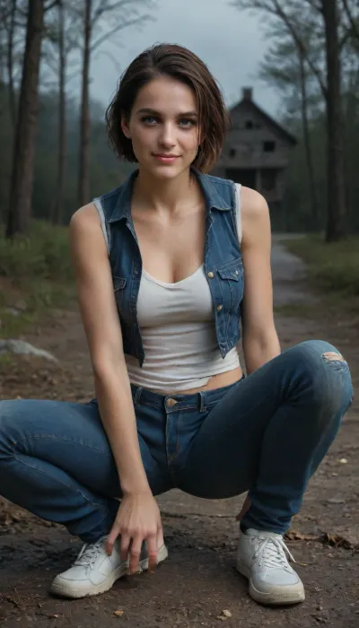 Jill Valentine Resident Evil / Dressed in a blue torn sleeveless vest, black torn jeans, black thong, white sneakers, / Hair, black / Pose, sitting on her toes with her hand on her hip, / Emotions, smiling, gray eyes filled with love, / Location, dark, gloomy forest near an abandoned house and a lake, / Mood, gloomy, night, horror, scary, feeling of anxiety, apocalypse, living dead