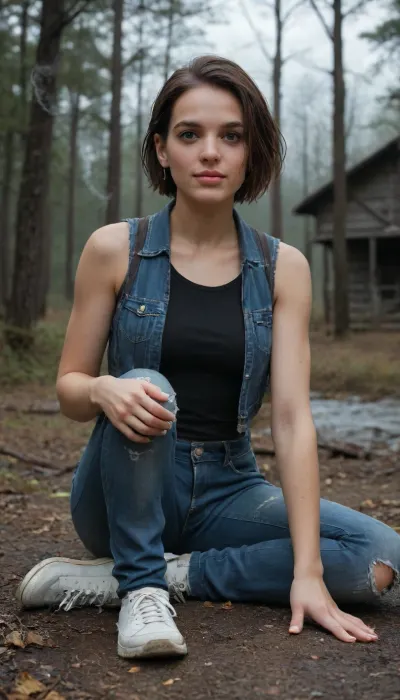 Jill Valentine Resident Evil / Dressed in a blue torn sleeveless vest, black torn jeans, black t-string, white sneakers, / Hair, black / Pose, sitting on her knees in a modest pose, holding on to something with her hand, smoking a cigarette, / Emotions, smiling, gray eyes filled with love, / Location, a dark, gloomy forest near an abandoned house and a lake, gloomy, dark, night, horror, scary, feeling anxious, apocalypse, living мертвецы