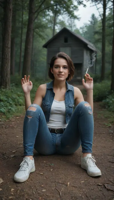 Jill Valentine Resident Evil / Dressed in a blue torn sleeveless vest, black torn jeans, black t-string, white sneakers, / Hair, black / Pose, sitting on her heels, butterfly pose, modest pose, holding on to something, smoking a cigarette, / Emotions, smiling, gray eyes filled with love, / Location, dark, gloomy forest near an abandoned house and a lake, night, horror, scary, feeling of anxiety, apocalypse, living dead