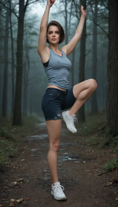 Jill Valentine from Resident Evil / Dressed in a blue ripped sleeveless vest, black ripped jeans, black t-string, white sneakers, / Hair, black / Pose, standing, leg raised above the head, leg above the head, dancing, holding her leg with her hand/ Emotions, smile, loving gray eyes, cute face, plan on the face/ Location, dark gloomy forest near an abandoned house and a lake, gloomy, dark, night, horror, scary, feeling of anxiety, apocalypse, living dead