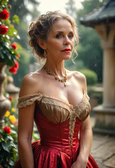 Glamour, amorous, naughty, Black gilf in a royal garden, in a heavy rain, wet body, wet clothes, full clothed, (very old, 1.9), (gilf:1.5), facial wrinkles, (body wrinkles:1.5), (small breasts:.7), butterscotch lipstick, red nails, white tooth, perfect denture, jewels, (brunette straight hair:1.2), black lace stockings, skirt spreading around, royal, epic, gorgeous, spreading, saggy boobs hanging out, hyper-photorealistic, ultra_simple_hoopdress, full body, far view, full length shot, masterpiece, best quality, raytrace, natural faces, nationality, exotic race, seductive smile, gldnglry, <lora:bab4d033-acad-4a4e-b6fa-5dda2bad3471.TA_trained:1>, <lora:MJ52:.8>, <lora:gldnglry:.8>