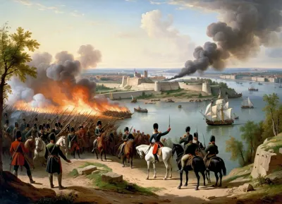 masterpiece, full color image, 8K quality, oil painting by a Russian artist, The painting depicts the very moment of the beginning of the storming of the fortress in the early morning. On the right, in the foreground, there is a cannon, from which Russian gunners fire a signal shot to attack. A.V. Suvorov is shown on the left, sitting on his white horse Mishka, and M.I. Kutuzov is on his right hand. Next to them are Russian soldiers and officers storming the bastions and walls of the burning Turkish fortress of Izmail. On the right side of the painting is the Danube River, where you can see the outlines of the boats of the landing troops.