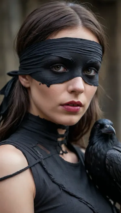 5000000010.199, Blindfolded blind woman with a large raven on her shoulder, inspired by Carole Buck, dark fantasy style, gothic art, dark torn bandage covering her eyes, pinterest photo, r/paintminis, epic 3 d abstract emo girl in rags, witch paying for her sins, post-apocalyptic vibe, with black drops from under the bandage on the face, gloomy, hidden, ravens, high detailing